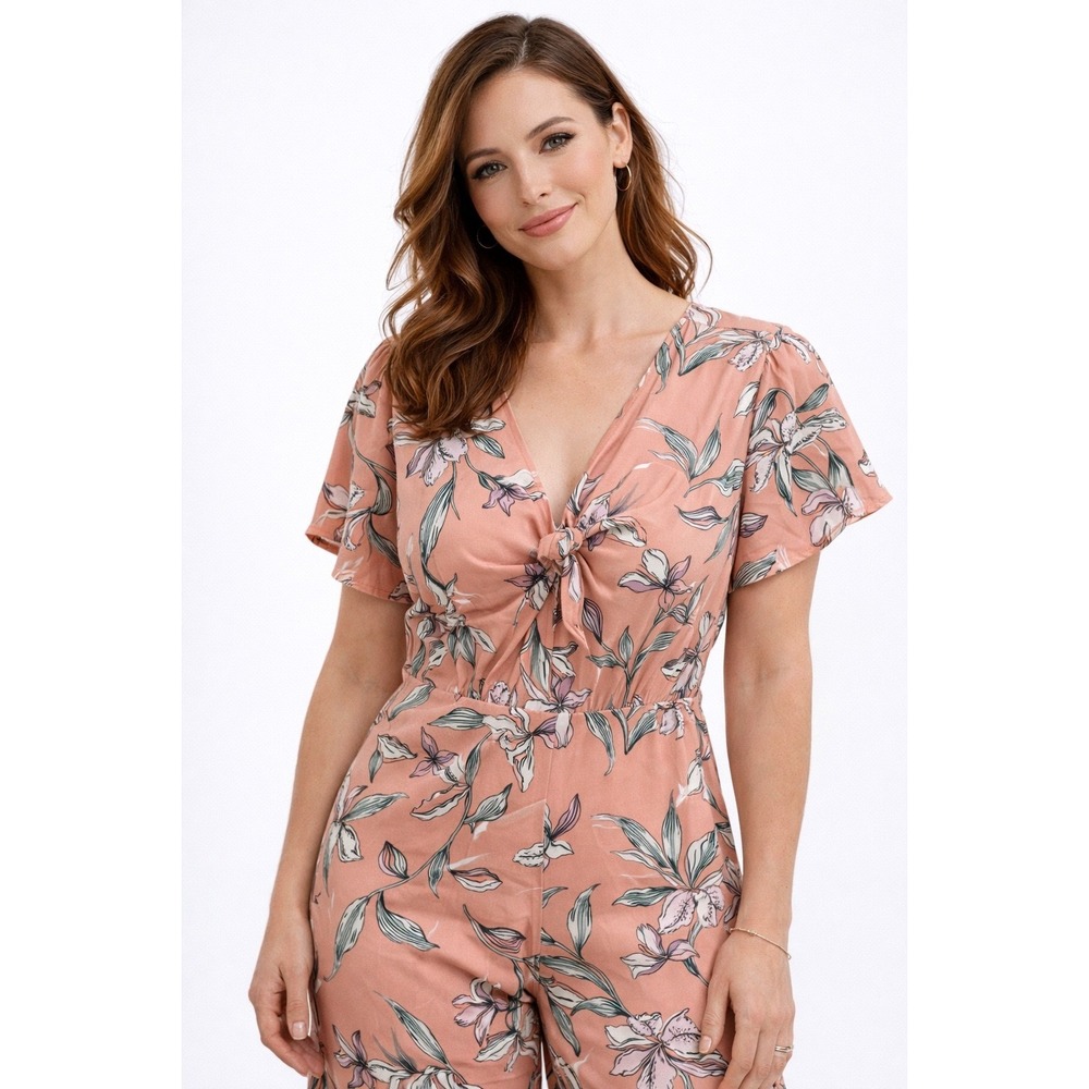 June & Hudson Floral Wide Leg Jumpsuit Peach Pink Tie Front Size L NWT
